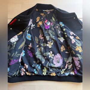 New Black Well Worn Bomber Jacket with Floral Lining - Women’s M